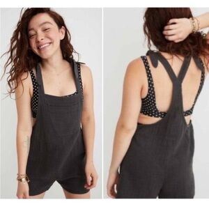 Aerie Black Denim Overalls with Y-Strap Design